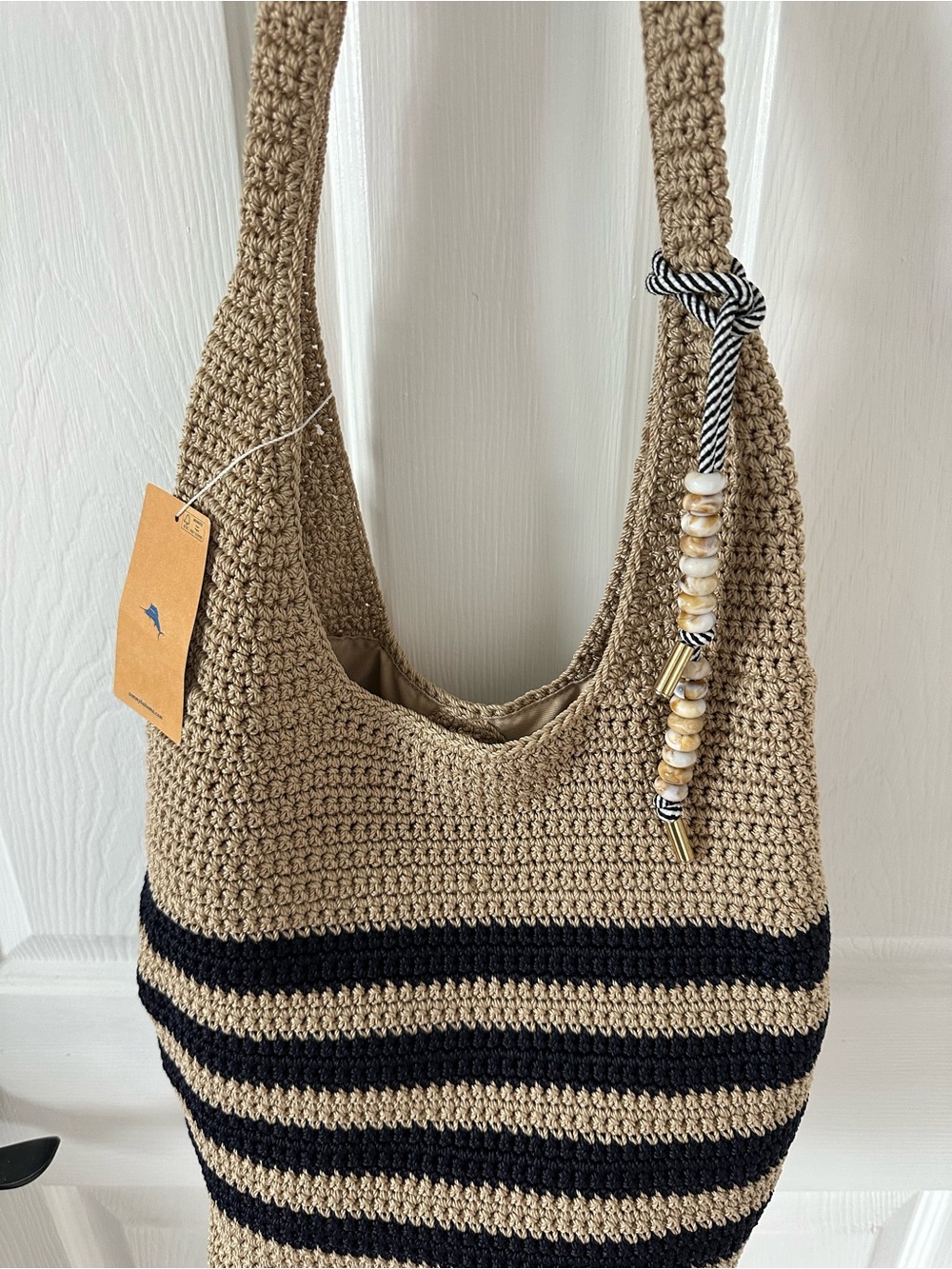 Tommy Bahama Beige and Black Striped Crochet Shoulder Bag